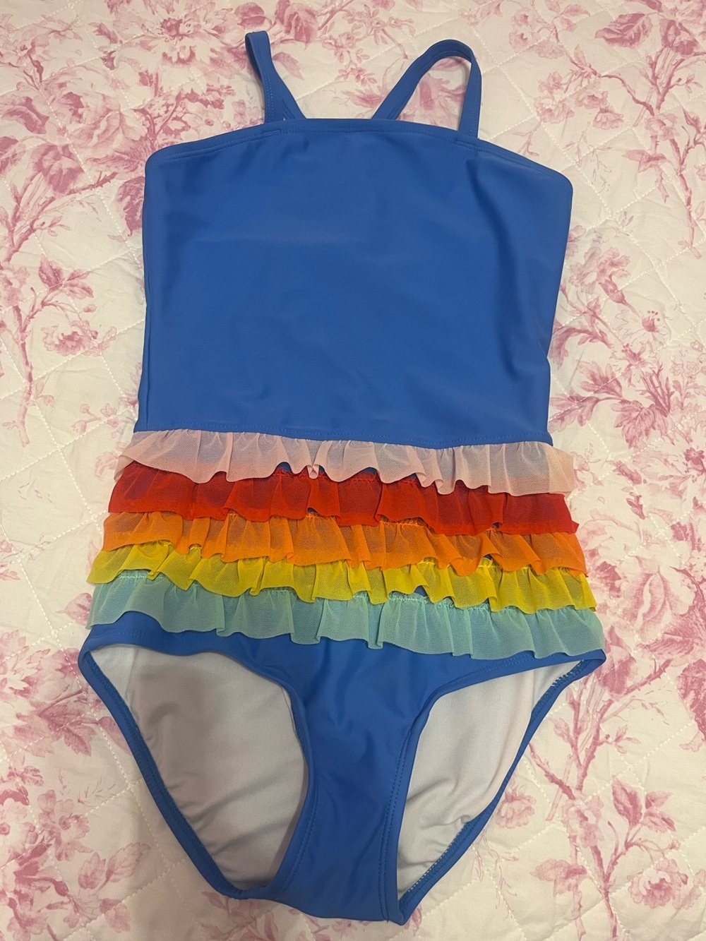 Hanna Andersson Blue Girls One-Piece Swimsuit with Rainbow Ruffles